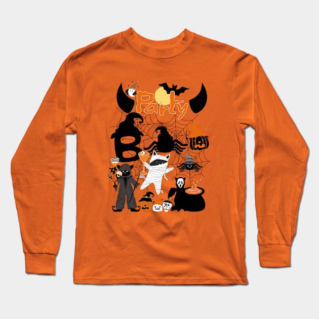 Cat Party Halloween Long Sleeve T-Shirt by Myartstor 